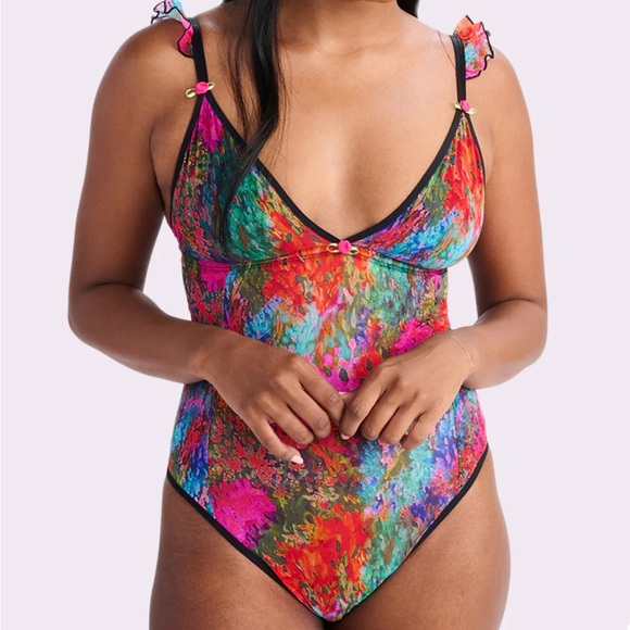 NWT Silky Mesh Flutter Strap Parade Bodysuit (Monet Floral Print) - Picture 2 of 5
